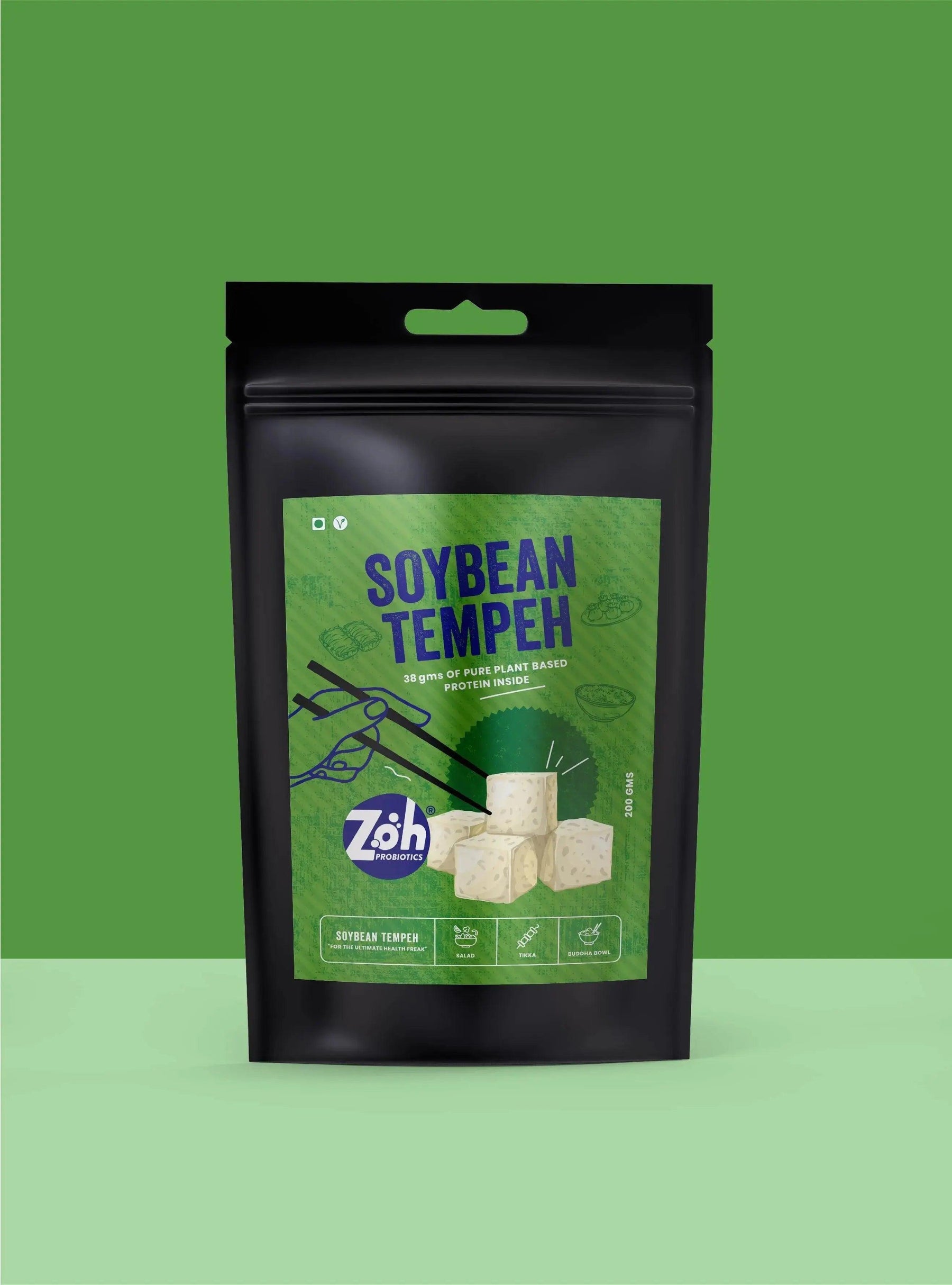 Bulk tempeh Mumbai: Coloured background mock-up of Zoh Plain Soybean front packaging