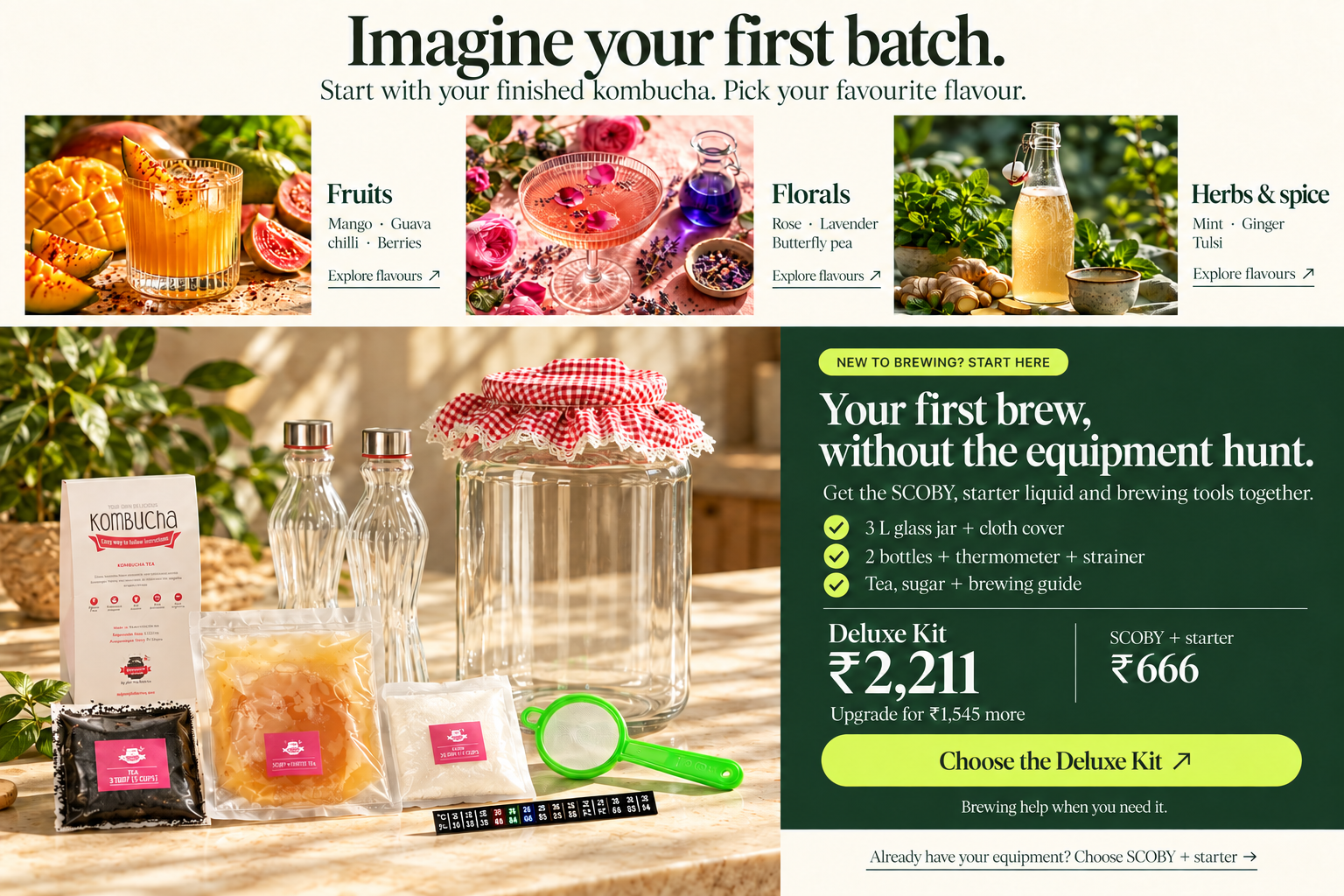 Deluxe brewing kit styled with a plain glass jar, bottles and culture