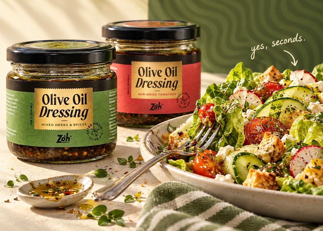 Two Zoh olive oil dressing jars with a sunlit salad