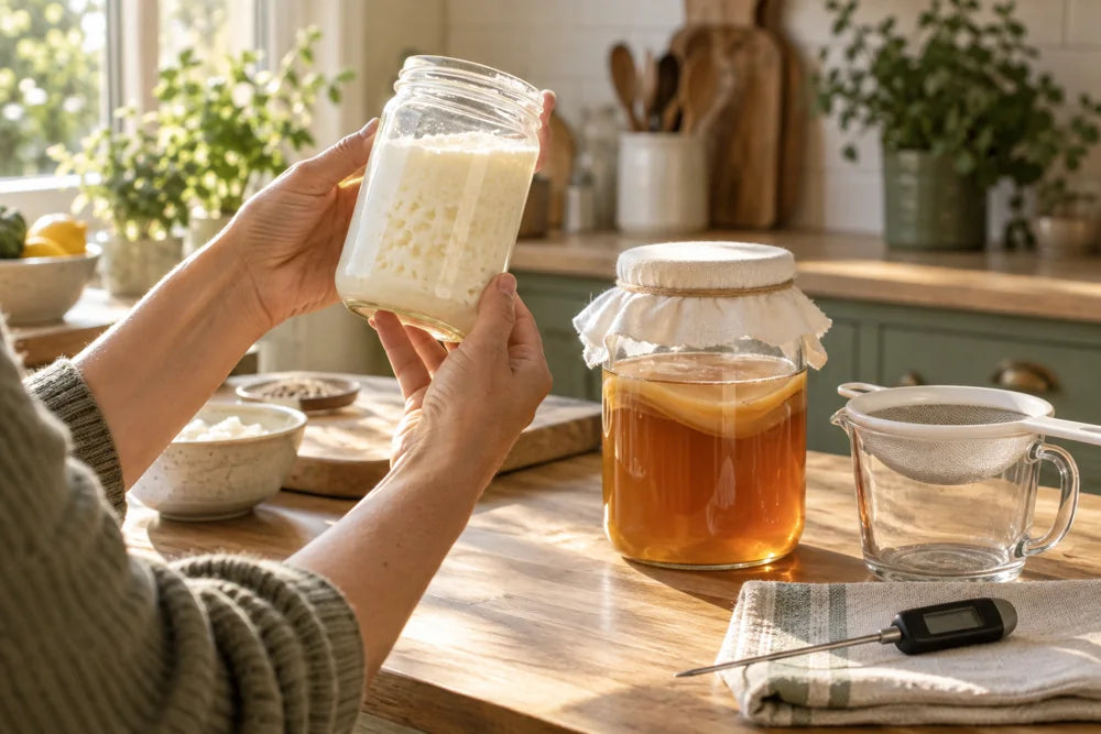 Hands inspecting a jar of milk kefir beside home fermentation equipment