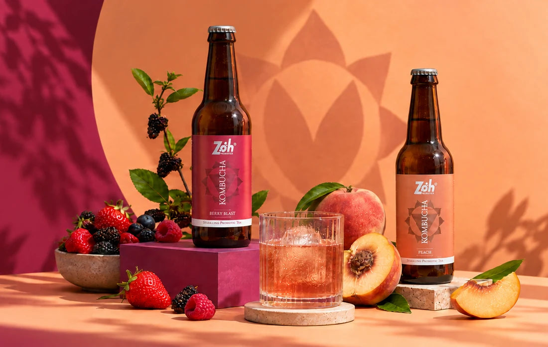 Zoh Berry Blast and Peach kombucha bottles with berries and peaches