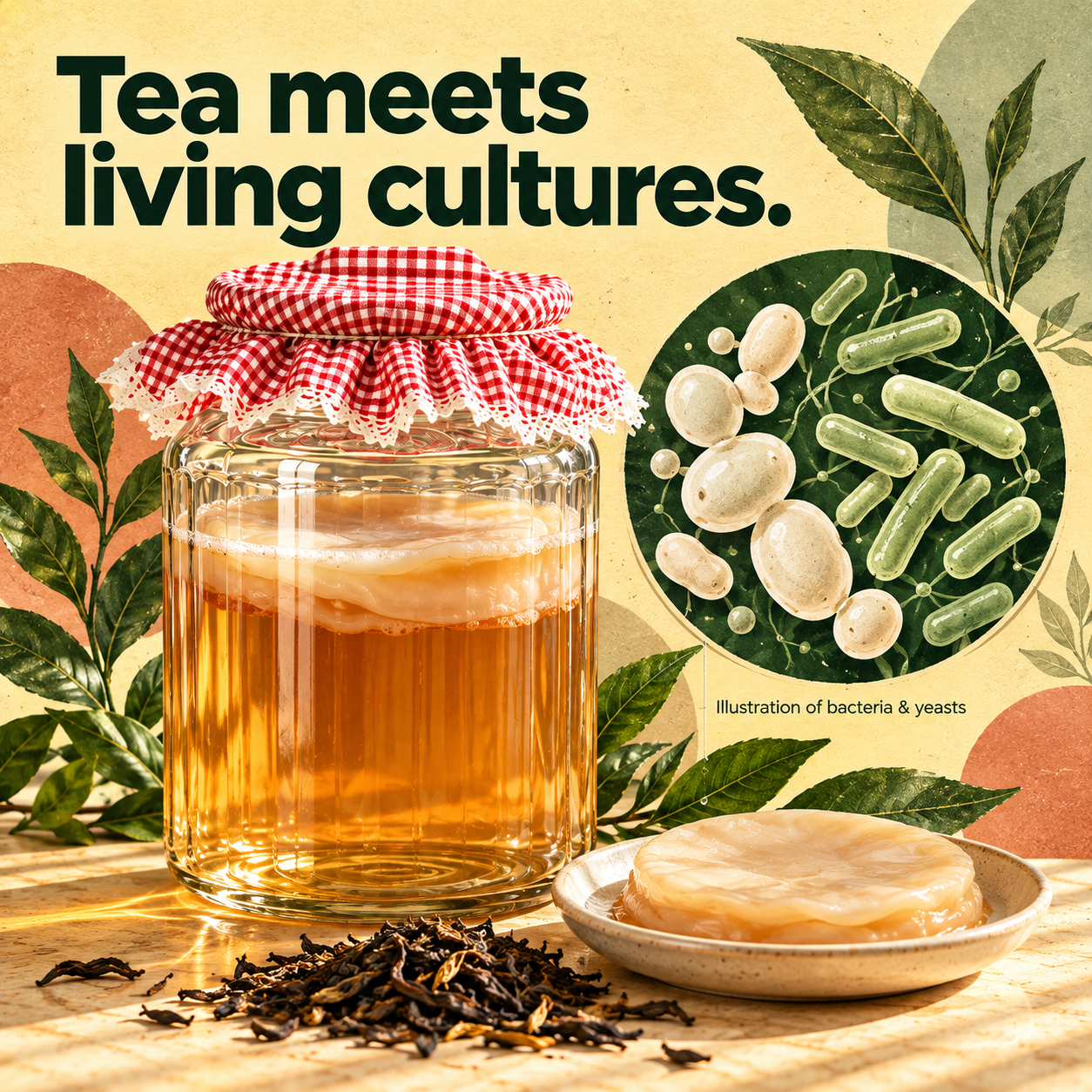 Artistic illustration of bacteria and yeasts beside a kombucha jar
