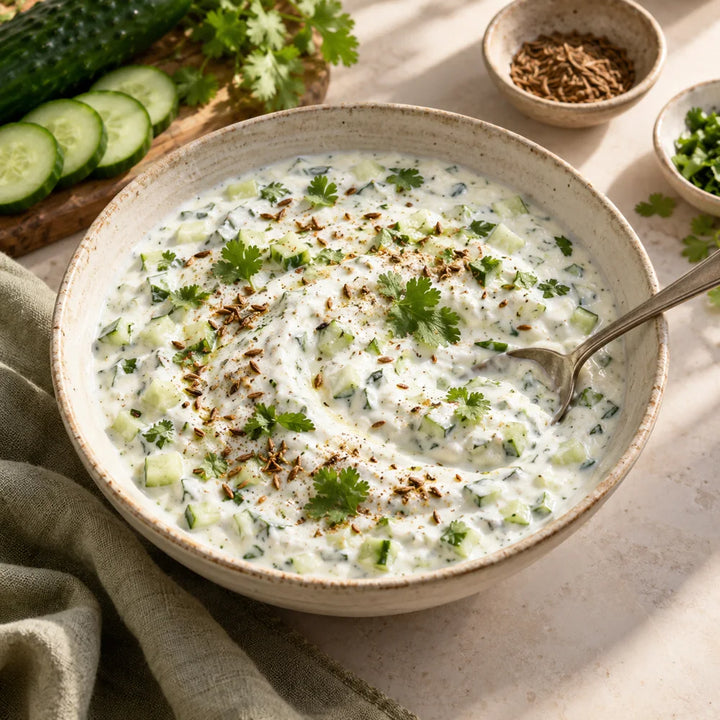 Cucumber kefir raita with coriander and cumin