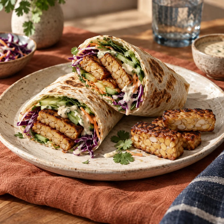 Seared tempeh wraps with crunchy vegetables