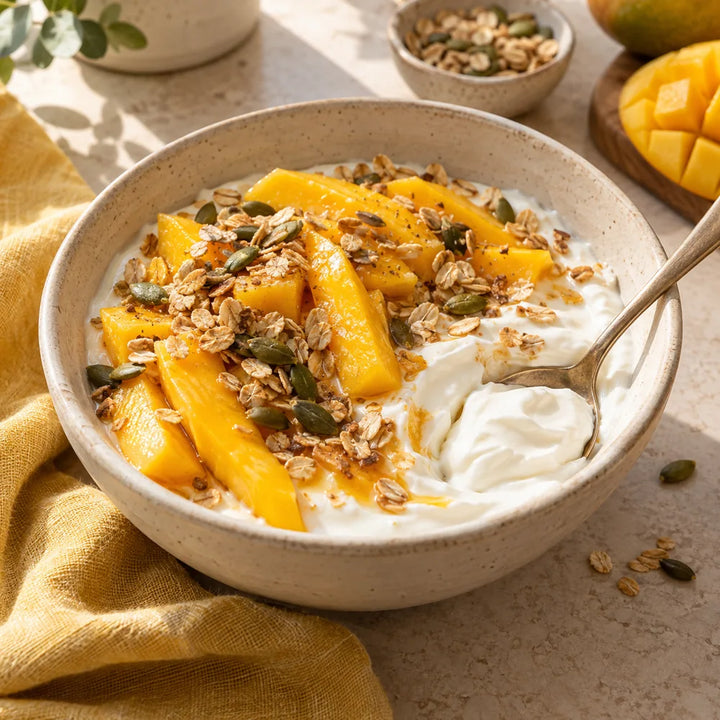 Greek yogurt topped with mango, oats and seeds
