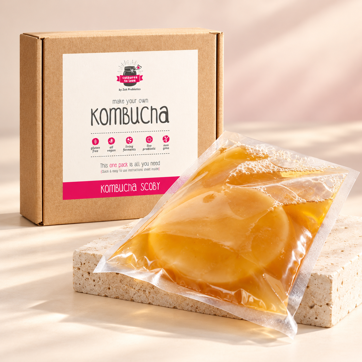 Zoh kombucha SCOBY box and sealed starter culture pouch