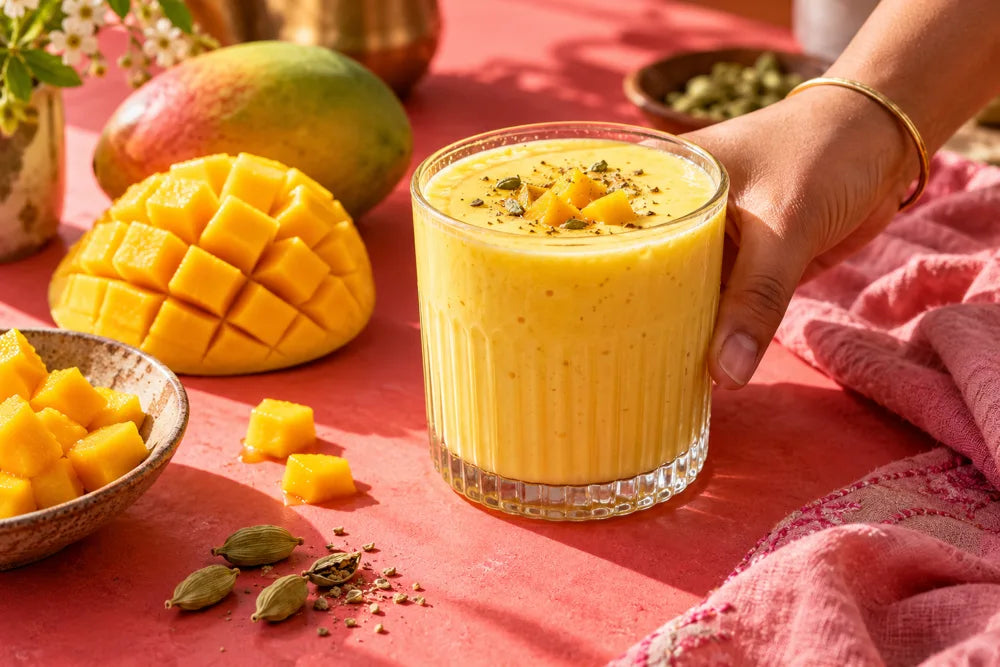 Homemade mango kefir lassi serving idea