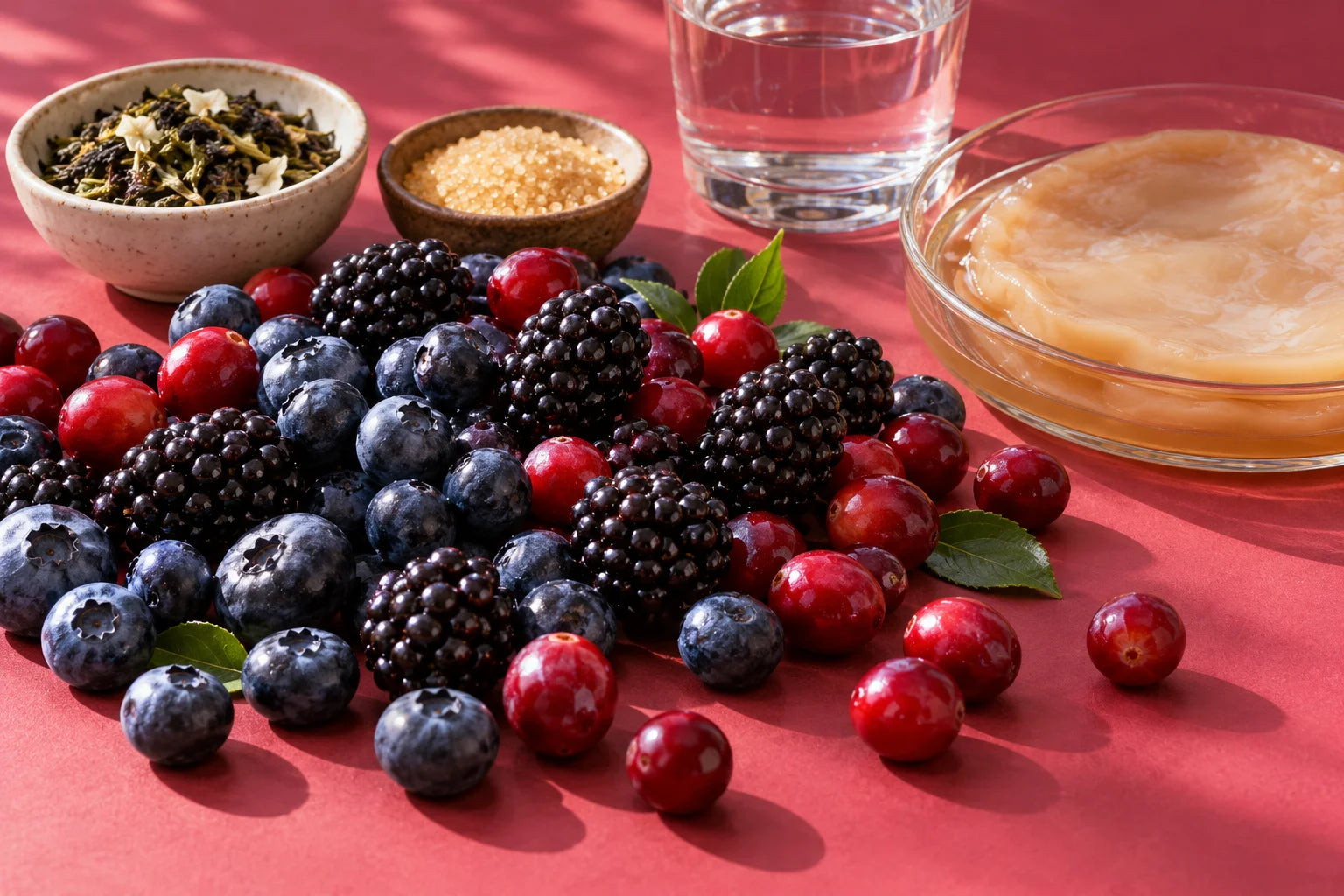 Ingredient still life: Blueberry, blackberry and cranberry, with brewing ingredients