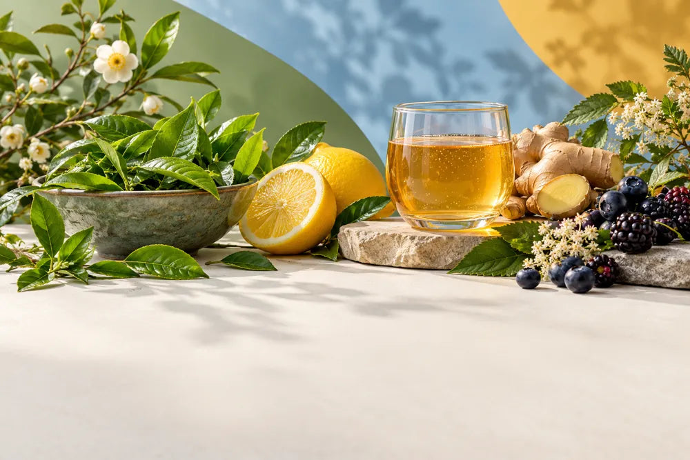 Tea, fruit and botanicals arranged as an editorial still life