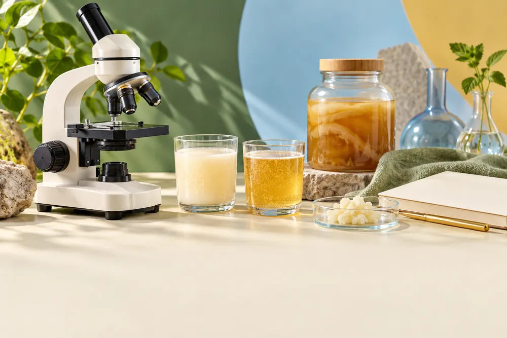 Microscope, notebook and fermented drinks
